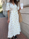 PICSGIRL  -  Cotton Floral Print Dress Summer Women V Neck Puff Sleeve Lace-up A-line Long Dresses 2024 New Elegant Casual Thin Vestidos Lady