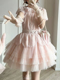 PICSGIRL  -  Pink Lolita Kawaii 2 Piece Set Women Japanese Cute Party Tops Suit Female 2024 Bubble Sleeve Elegant Blouse + Fairy Cake Skirt