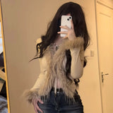 PICSGIRL  -  Trendy Leopard Print Fur Stitching Long-sleeved European American Slim Fit Versatile T-shirt Autumn and Winter Harajuku Y2k Tops