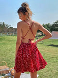 PICSGIRL  -  Fashion Summer Print Dress Confetti Heart Print Crisscross Tie Backless Cami Dress Elegant Casual Beach Sundress Robe