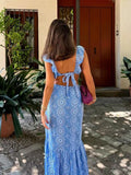 PICSGIRL  -  Blue Hollow Out Embroidered Midi Dress Women Summer New V Neck Sleeveless Ruffle Long Dresses Elegant Fashion Holiday Vestidos