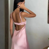 PICSGIRL  - Pink Satin Sling Prom Maxi Dress Women Sexy Chic Backless Sleeveless Slim Robe 2024 Fashion Evening Party Suspender Long Dresses