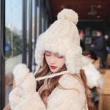 PICSGIRL  -  Winter Furry Knitted Hat for Women Girls Rabbit Fur Pompom Woolen Beanies Plush Thick Ear Protection Cap Windproof Skiing Bonnet