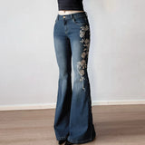 PICSGIRL  -   Y2K Rose Embroidered Trumpet Jeans Women Fashion Aesthetic Slim Flare Pants Vintage Blue 2000s Denim Trousers Spring