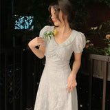 PICSGIRL  -  Sky Blue Summer French Pearl V-Neck Vintage Embossed Jacquard Dress with Waist Slim Design Medium Length Skirt