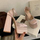 PICSGIRL  -  Women'S Summer Fashion Waterproof Platform Sandals Square Hollow Thick Heel Bao Head High Satin High Heels Catwalk Pumps