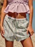 PICSGIRL  -  Drawstring Striped Shorts Women Summer Elastic Waist Pocket Casual Holiday Beach Short Pant 2024 New All-match Fashion Shorts