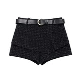 PICSGIRL  -  Elegant Tweed Vest Belt Mini Shorts Suit Women 2024 High Waist Black Textured Skirt Short 2 Pieces Set Lady Fashion Skort Outfit