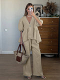 PICSGIRL  -  Cotton Loose Female Pajama 2 Piece Suit Short Sleeve Nightgown Sexy V-Neck Sleepwear Pants Casual Women Nightwear Set