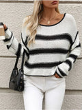 PICSGIRL  -  Casual Round Neck Color Blocking Knit Pullover Sweater in Autumn/Winter Colors, with Striped Design and Loose Fit