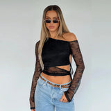 PICSGIRL  -  Instagram Style 2024 Summer New Lace Top Women's Fashion Sexy Slim Fit Hooked Flower Long Sleeve Oblique Neck T-shirt