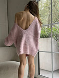 PICSGIRL  -  Women Sexy Backless Loose Solid Mohair Sweater Chic Round Neck Puff Full Sleeves Pullover Elegant Lady Street Long Sweaters