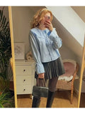 PICSGIRL  -  Fashion Peter Pan Collar Embroidery Print Ladies Spring New Blue Blouse Girls 2024 Casual Striped Print Loose Tops