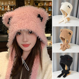 PICSGIRL  -  Winter Fur Hat Cat Women Ears Bow Knitted Beanies with Strap Outdoor Windproof Warm Thickened Bonnet Fashion Ear Protection Caps