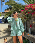 PICSGIRL  -   Summer Holiday Style Casual Striped Print Loose Tops With Shorts Suit Women Two Pieces Suit Beach Style Green Blouse With Pants