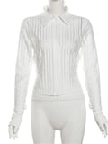 PICSGIRL  -  Autumn Hipster White Stripe See Through Sexy Shirts For Women 2024 Long Sleeve Polo-Neck Double Zip Elegant Chic Blouses