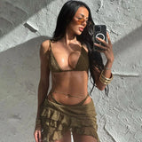 PICSGIRL  -  Mesh Spliced Skirt Three Piece Set Spicy Girl Open Navel Hook Flower Camisole Tank Top Lace Up Bikini Skirts Suit