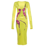 PICSGIRL  -  Fresh Ladies Holiday Dress Set Autumn Yellow Printed Long-Sleeved Cardigan & Sexy Bust Skirt