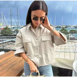 PICSGIRL  -  Fashion Lapel Spliced Coats Women Casual Single-breasted Pockets Short Sleeve Female Jacket Autumn Lady Solid Loose Outwear