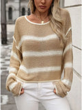 PICSGIRL  -  Casual Round Neck Color Blocking Knit Pullover Sweater in Autumn/Winter Colors, with Striped Design and Loose Fit