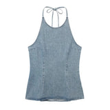 PICSGIRL  -  Summer New Women's Fashion Hundred French Neck Collar Sleeveless Backless Denim Casual Tops 2024 New Women's