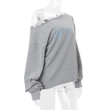 PICSGIRL  -  Letter Print Long Sleeve Skew Collar Loose Casual Irregular T-Shirt Fashion Vintage Tops Autumn Streetwear Sweatshirt