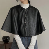 PICSGIRL  -  Solid Color Leather Women's Cloak Shawl Fashion Round Neck Single Breasted Short Tops Autumn Casual Loose Retro Women Jacket