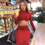 PICSGIRL -  Long Sleeve Crop Top and Long Skirt Set Summer Solid Sexy Bodycon High Collar Shirt Top High Waist Skirts Club Outfit