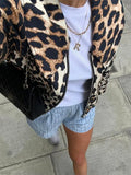 PICSGIRL  -  Women Casual Leopard Print Bomber Jacket Elegant Lapel Long Sleeves Zipper Pockets Loose Coat 2024 Autumn Lady High Streetwewar