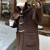 PICSGIRL  -  Casual Fluffy Lamb Wool Long Coats Women Warm Loose Horn Button Pockets Solid Coat Female Winter Elegant Chic Streetwear