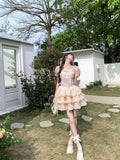 PICSGIRL  -  Summer Party Mini Dress Women New Flower Bow Lolita Sweet Dress Female Korean High Waist Short Sleeves Cake Fairy Dress 2024