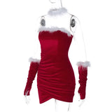 PICSGIRL  -  Christmas Velvet Feathers Mini Party Dress with Gloves Women Sexy Strapless Wrap Ruched Bodycon Clubwear Xmas Outfits Vestidos