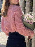 Picsgirl -  Women Pink Mohair Cropped Knitted Sweaters Sweety Long Sleeve O-neck Pullover Top Autumn Fashion Female Warm Knitwear