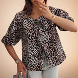 PICSGIRL  -  Women Casual Leopard Shirt Blouse Fashion 2024 Summer V-neck Cardigan Lace-up Animal Print Short-sleeved Shirt Women Tops