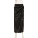 PICSGIRL  -  Satin Lace Skirt Women's Black Patchwork Floral High Slit Skirt Sexy Pleated Streetwear High Waist Party Club Long Skirt