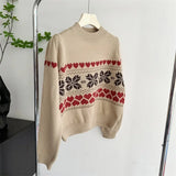 PICSGIRL  -  Vintage  Fair Isle Crew Neck Jumper Heart Pattern Knitted Pullovers Christmas Sweater Holiday Knitwear Autumn Women Outerwear