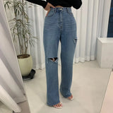 PICSGIRL  -  Korean Fashion Style High Waist Slim Asymmetrical Tear Ragged Edge Straight Tube Floor Dragging Denim Pants for Women