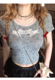 PICSGIRL  -  2024 Coquette Unique Kawaii Cute Bow Bear Print Crop Lace T Shirt Women Summer Fashion Japanese Sweet Girls Fashion Cropped Tops