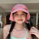 PICSGIRL  -  Sweet Cool Lattice Headscarf Hats Women Girl Summer Sun Protection Baseball Caps Adjustable Foldable Beach Hat Portable Sun Hat