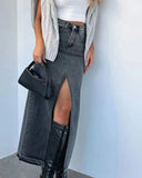 PICSGIRL  -  2024 New Fashion Casual Solid Slit Denim Skirt High Wasit Button Pocket Vintage Streetwear Women Spring Summer Long Skirts