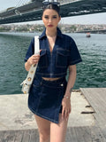 PICSGIRL  -  Solid Denim 2 Piece Set 2024 New V Neck Pocket Cropped Tops+Irregular Shorts Skirts Streetwear Fashion Summer Suits For Women