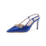 PICSGIRL  -  Luxury Satin Rhinestone Flower Design High Heels Women Sexy Pointed Toe Heeled Sandals Back Strap Blue Pumps Party Wedding Shoes