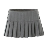 PICSGIRL  -  party look snspos Y2K Grey Striped Print Side 3 Buttons Pleated Mini Skirt Sexy Low Waist Short Skater Skirts