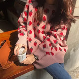 PICSGIRL  -  Sweet Women Sweaters Strawberries Print Long Pullovers Tops Autumn Winter Loose Sueter Mujer Girls Knitwear 