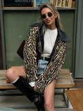 PICSGIRL  -  Women's Casual Leopard Printed Leather Lapel Patchwork Jacket Chic Zipper Long Sleeve Short Slim Coat 2024 Lady High Streetwear