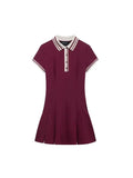 PICSGIRL  -  Women Fashion Wine Red Dress Turn-down Collar Short Sleeves Slim A-Line Mini Dresses Chic Elegant Woman Pleated Dress