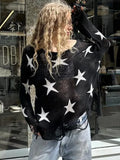 PICSGIRL  -  Street Stars Printed irregular Wide Collar Sweater Hot Girl Loose Thin Ripped Knit Sexy See Through Pullovers Long Sleeve