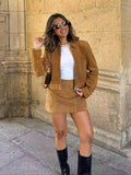 PICSGIRL -  Female Fashion Lapel Cropped Faux Suede Jackets Woman Long Sleeves Coat Mid Waist Side Bodycon Zipper A Line Mini Skirts