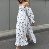 PICSGIRL  -  2024 Female Long Sleeve Elastic Party Dress French Floral Print Women Long Dress Casual Women One Shoulder Swing A-line Dress