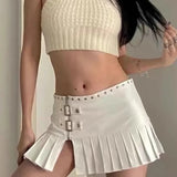 PICSGIRL  -  Punk Leather Skirt Women Y2k Streetwear Low Waist A-line Split Rivet Zipper Sexy Pleated Mini Skirt Summer Night Club